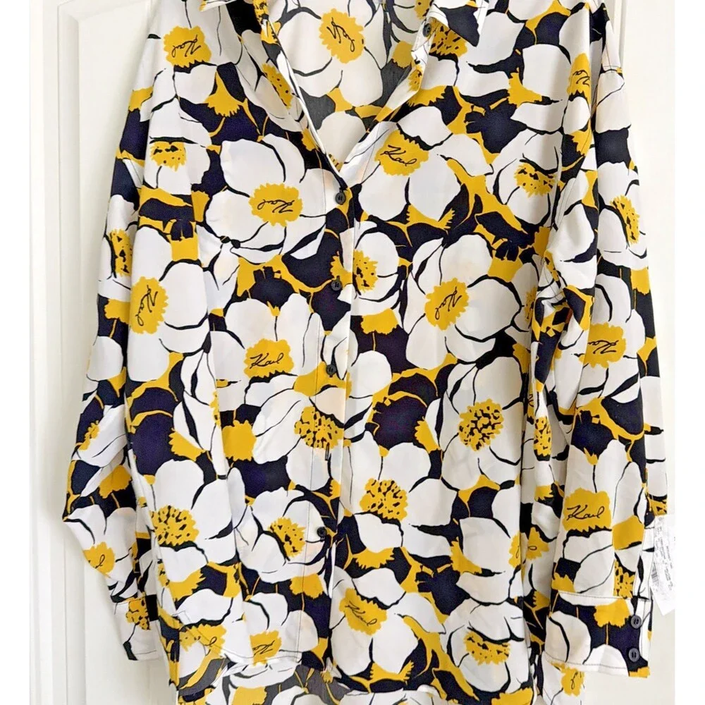 Karl Lagerfeld Paris Women's Floral Button Front Blouse White Black Yellow XL - Picture 3 of 11